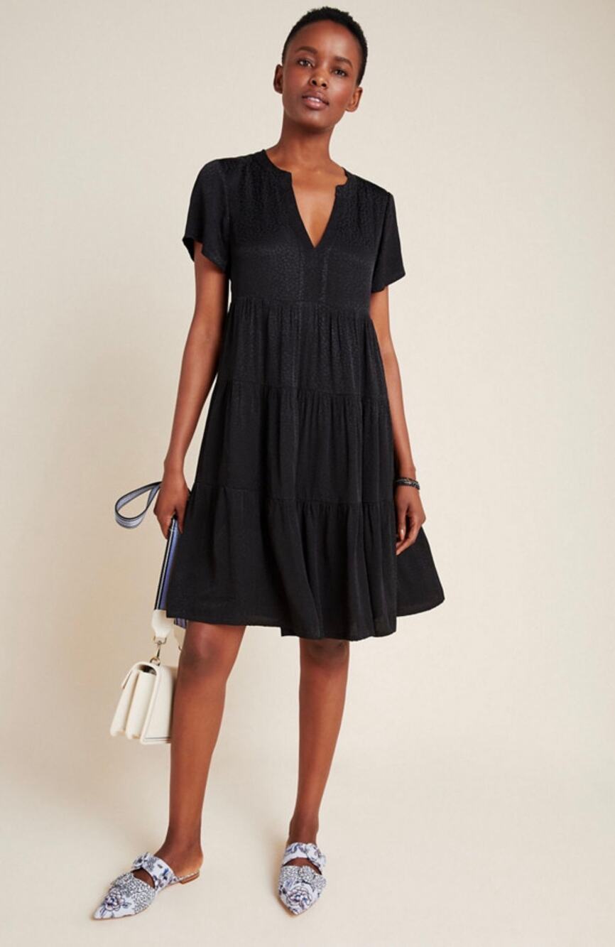 Anthropologie Maeve Sacha Jacquard Tiered Mini Swing Dress Black Size Large